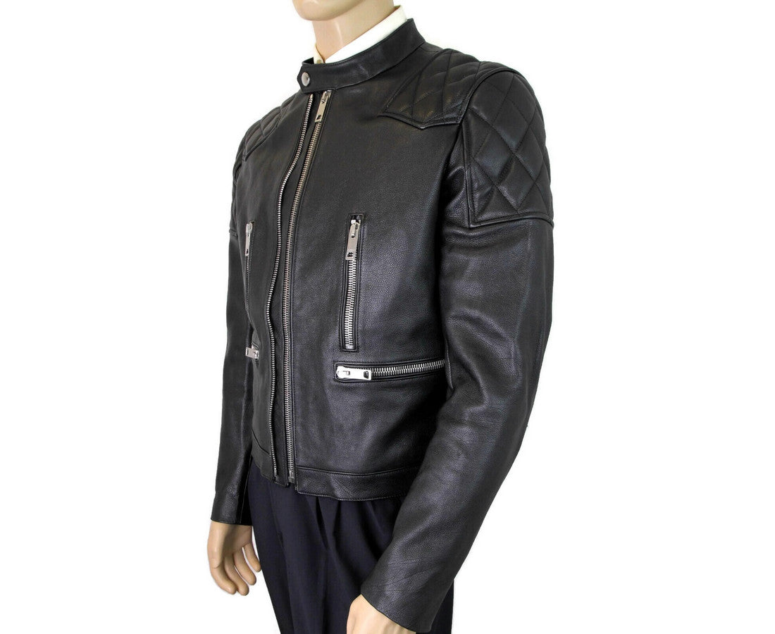 Burberry Men's Black Leather Diamond Quilted Biker Jacket - GLAMHUB BOUTIQUE 