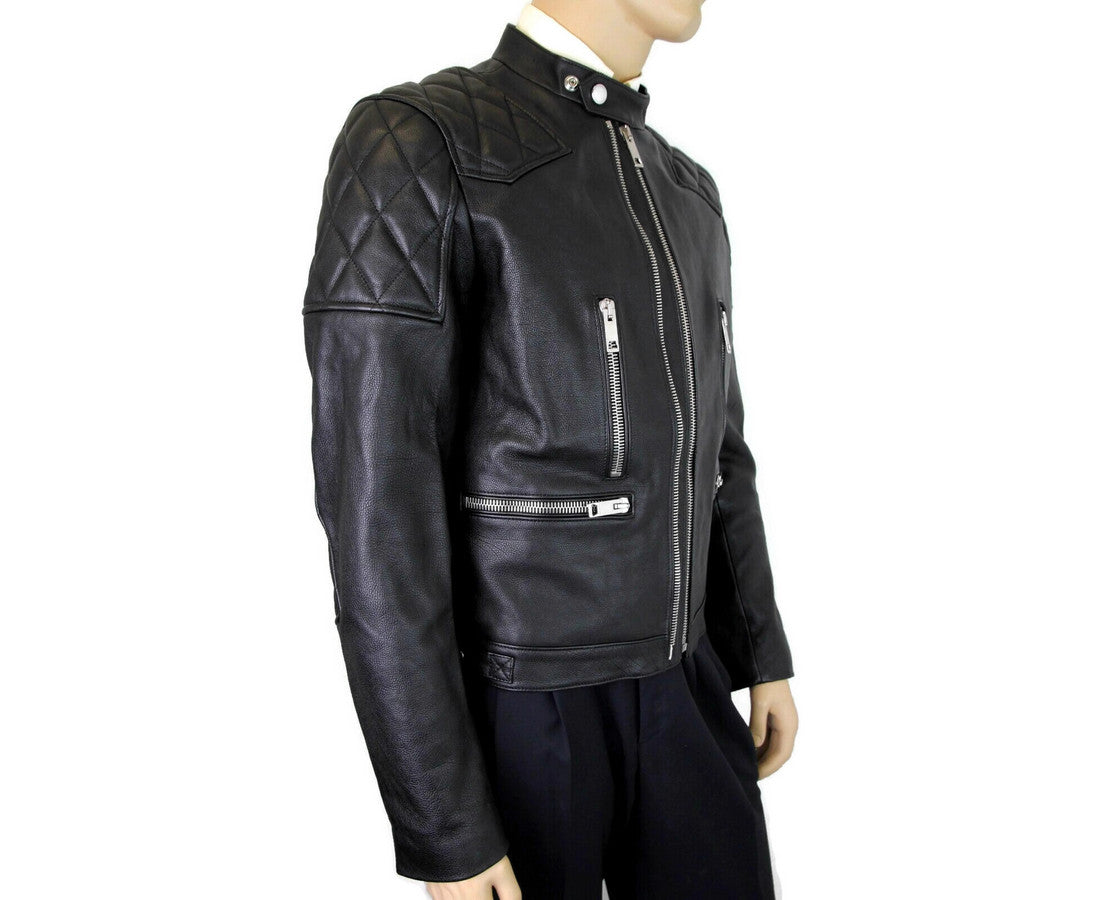 Burberry Men's Black Leather Diamond Quilted Biker Jacket - GLAMHUB BOUTIQUE 