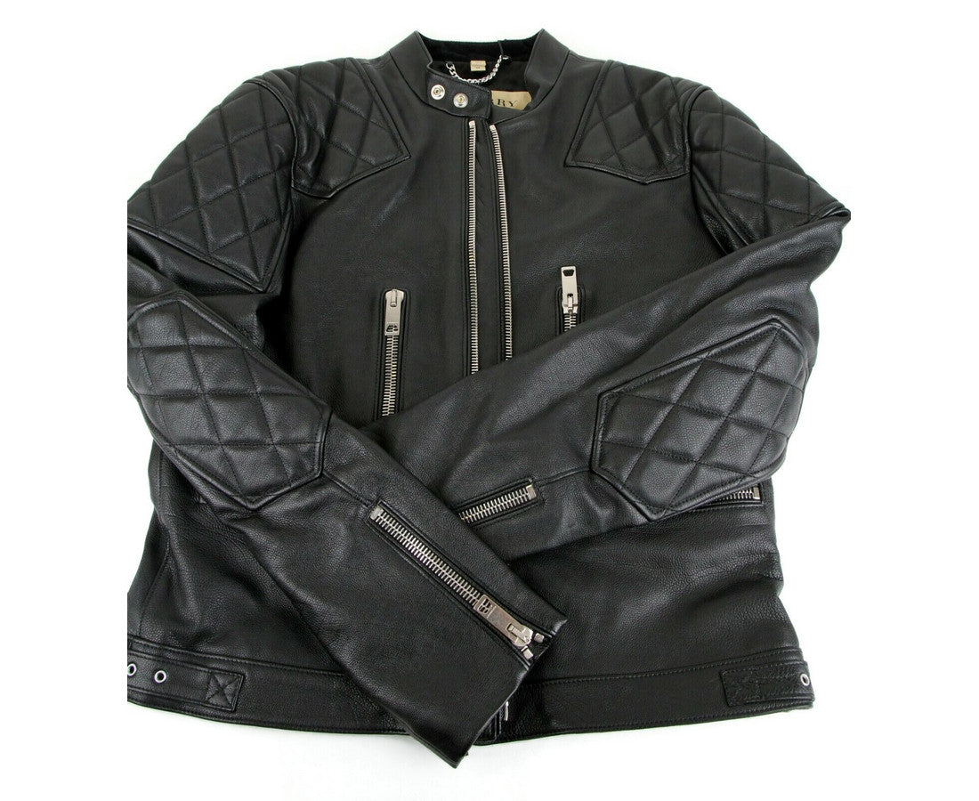 Burberry Men's Black Leather Diamond Quilted Biker Jacket - GLAMHUB BOUTIQUE 