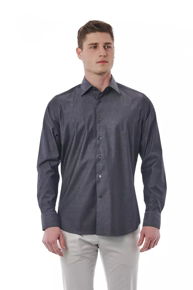 Gray Cotton Men Shirt - GlamHub Luxury and Icon Brand Clothing