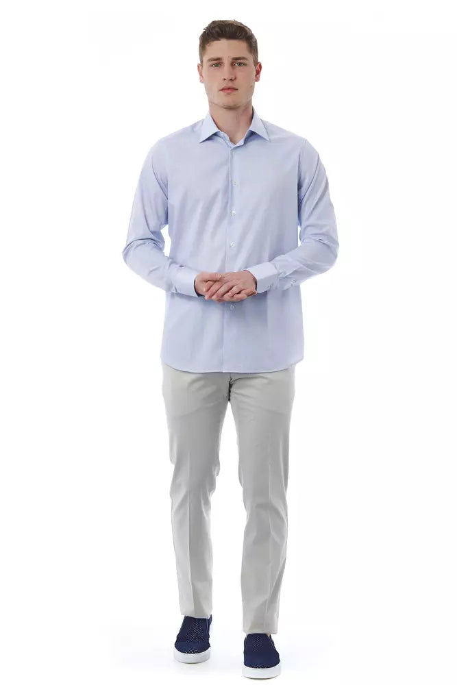 Light Blue Cotton Men Shirt - GlamHub Luxury and Icon Brand Clothing