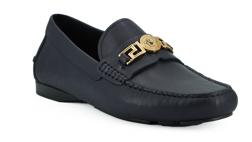 Elegant Navy Blue Calf Leather Loafers - GlamHub Luxury and Icon Brand Clothing