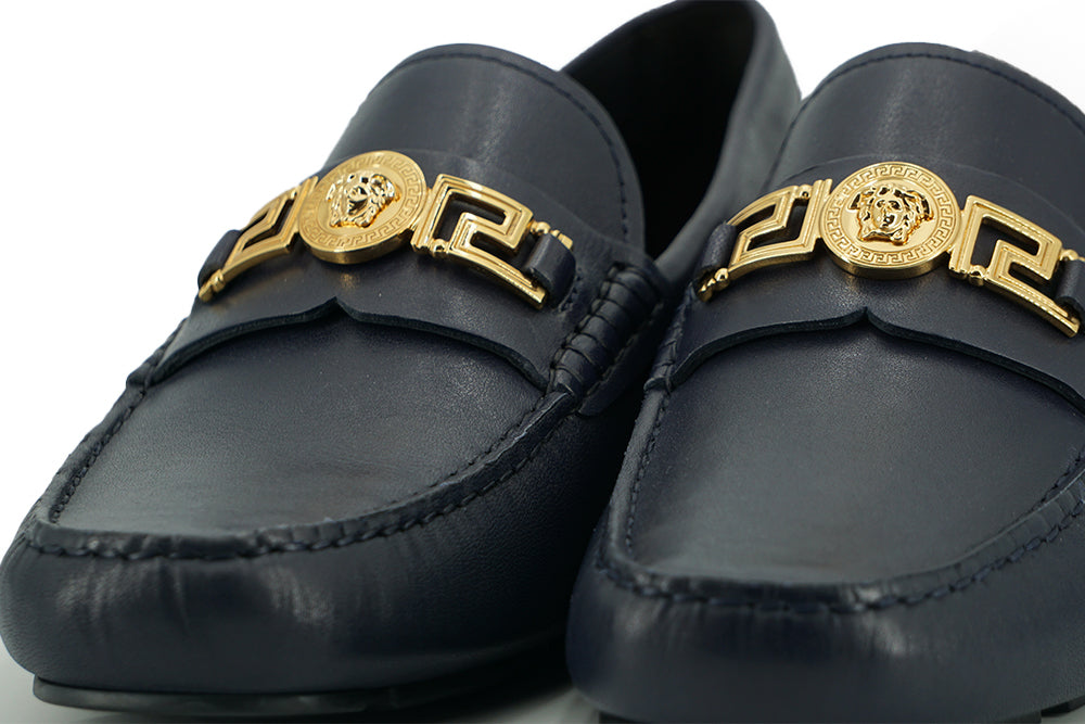 Elegant Navy Blue Calf Leather Loafers - GlamHub Luxury and Icon Brand Clothing