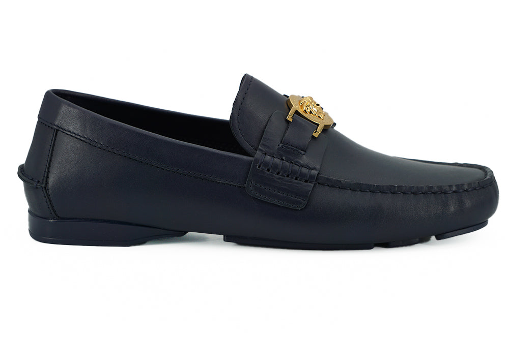 Elegant Navy Blue Calf Leather Loafers - GlamHub Luxury and Icon Brand Clothing