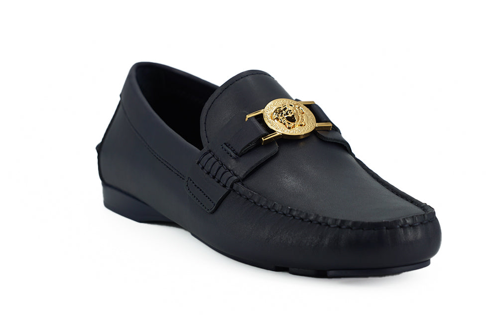 Elegant Navy Blue Calf Leather Loafers - GlamHub Luxury and Icon Brand Clothing