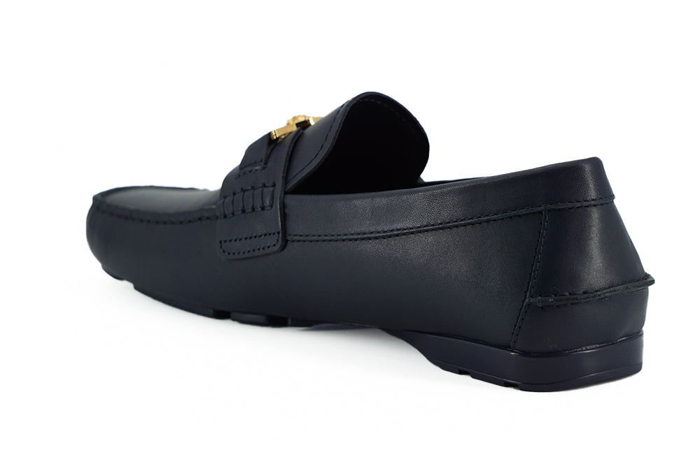 Elegant Navy Blue Calf Leather Loafers - GlamHub Luxury and Icon Brand Clothing