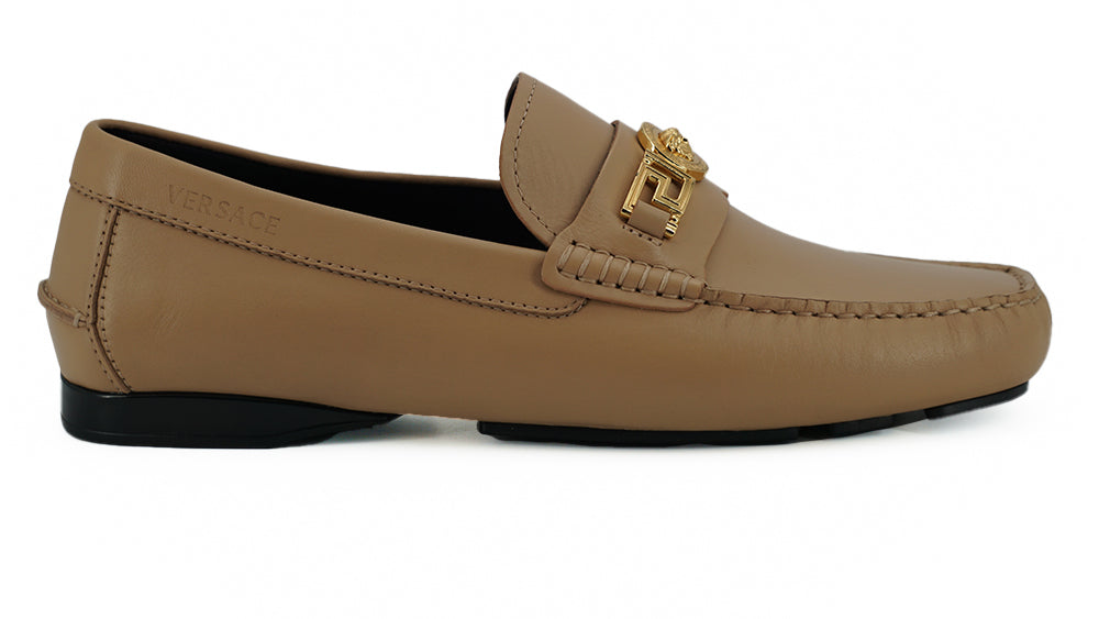 Exquisite Medusa Gold-Tone Leather Loafers - GlamHub Luxury and Icon Brand Clothing