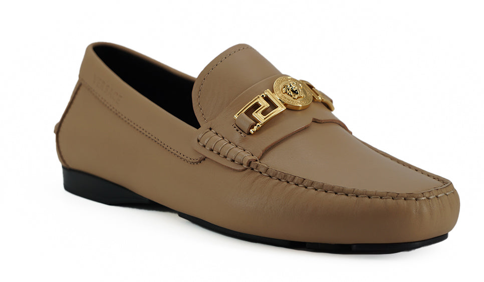 Exquisite Medusa Gold-Tone Leather Loafers - GlamHub Luxury and Icon Brand Clothing