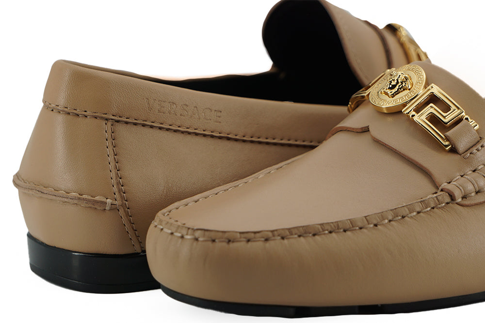 Exquisite Medusa Gold-Tone Leather Loafers - GlamHub Luxury and Icon Brand Clothing