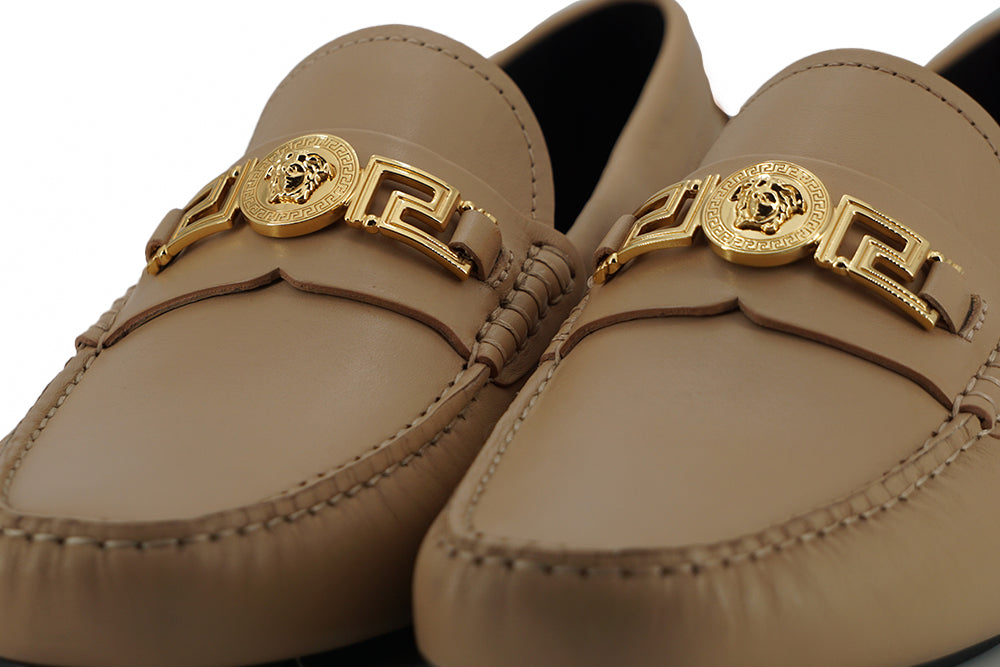 Exquisite Medusa Gold-Tone Leather Loafers - GlamHub Luxury and Icon Brand Clothing