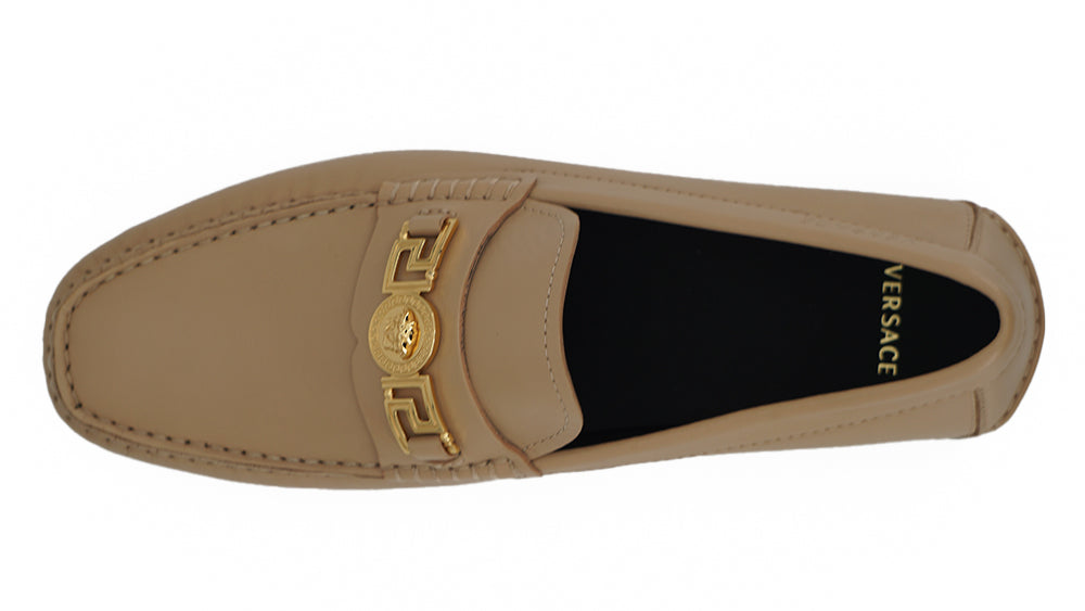 Exquisite Medusa Gold-Tone Leather Loafers - GlamHub Luxury and Icon Brand Clothing