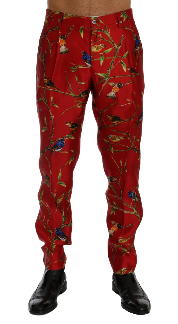 Elegant Silk Dress Trousers in Red Bird Print - GlamHub Luxury and Icon Brand Clothing