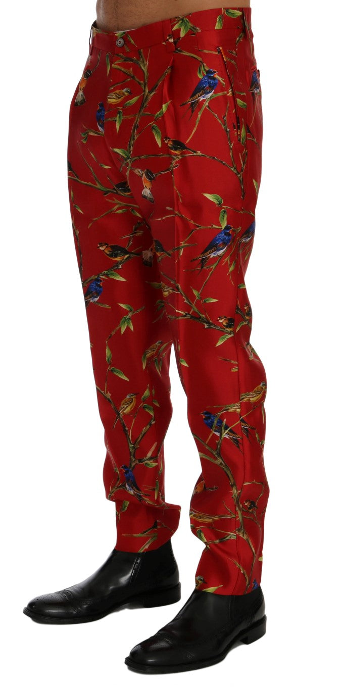 Elegant Silk Dress Trousers in Red Bird Print - GlamHub Luxury and Icon Brand Clothing