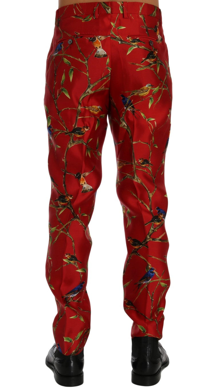 Elegant Silk Dress Trousers in Red Bird Print - GlamHub Luxury and Icon Brand Clothing