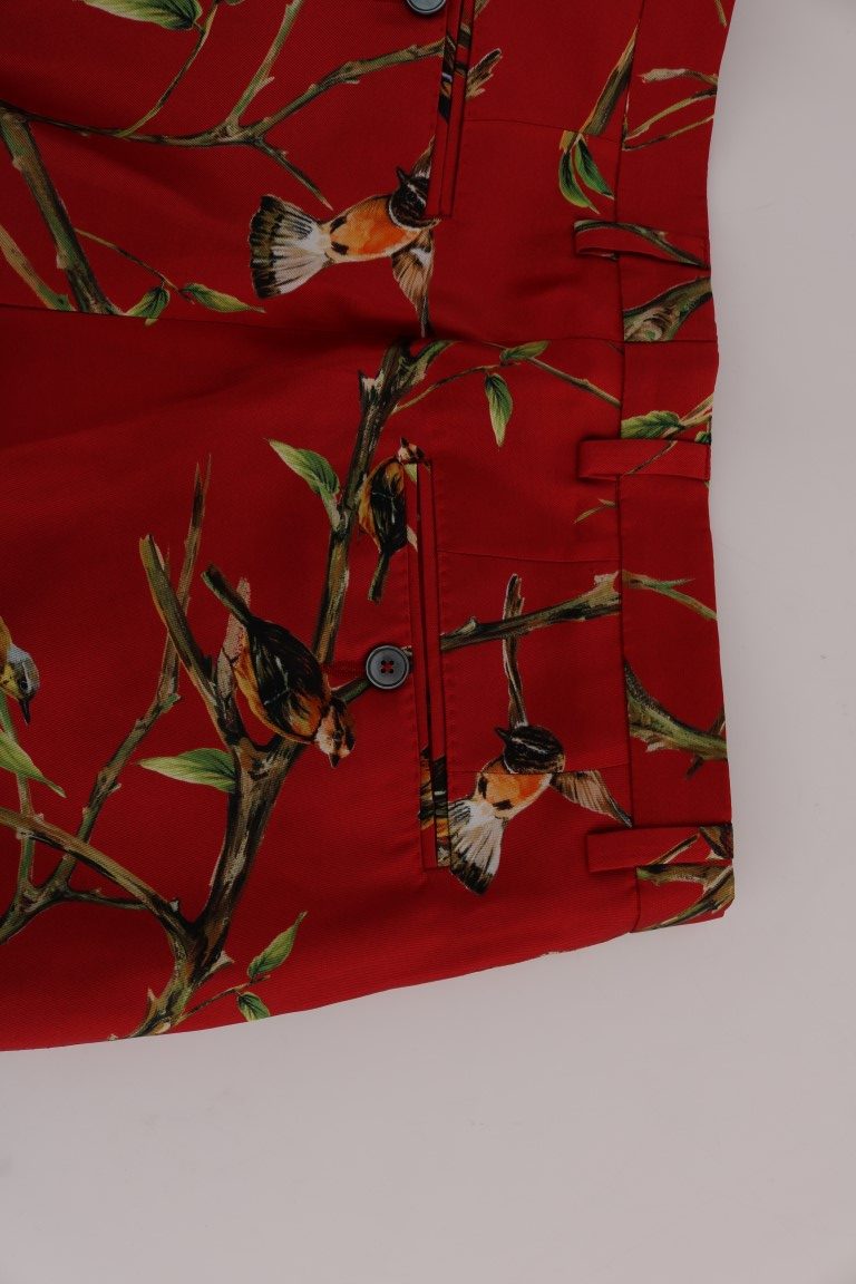 Elegant Silk Dress Trousers in Red Bird Print - GlamHub Luxury and Icon Brand Clothing