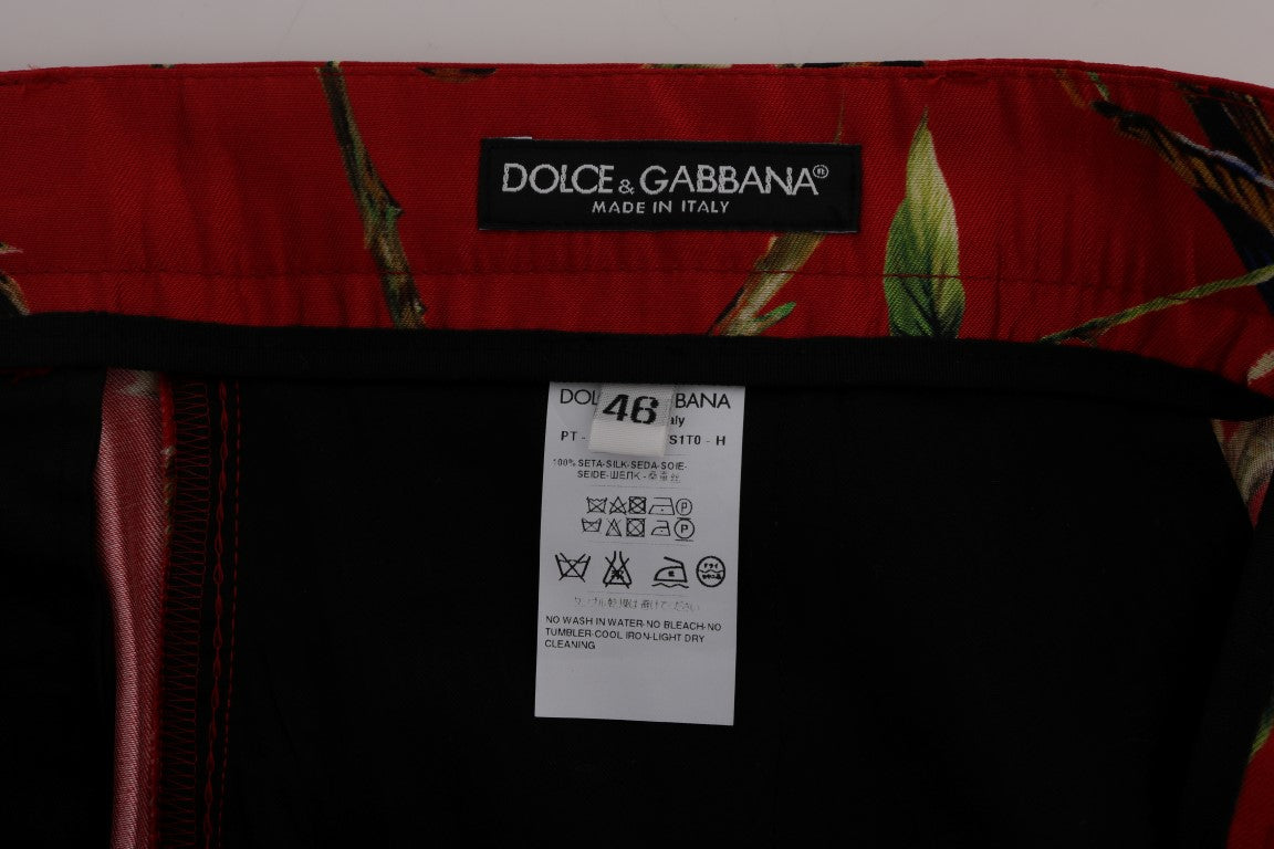 Elegant Silk Dress Trousers in Red Bird Print - GlamHub Luxury and Icon Brand Clothing