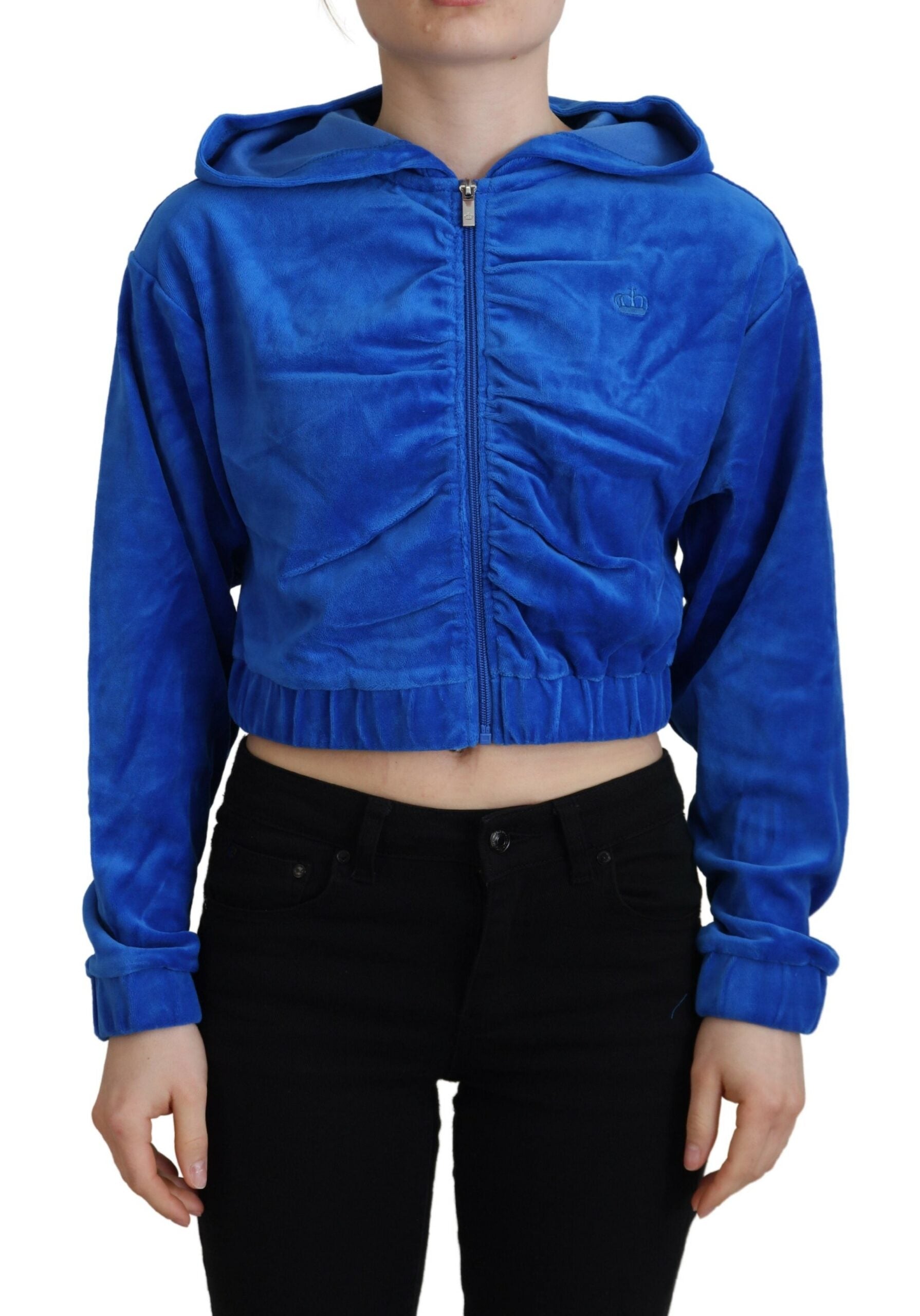 Glam Hooded Zip Cropped Sweater in Blue - GlamHub Luxury and Icon Brand Clothing