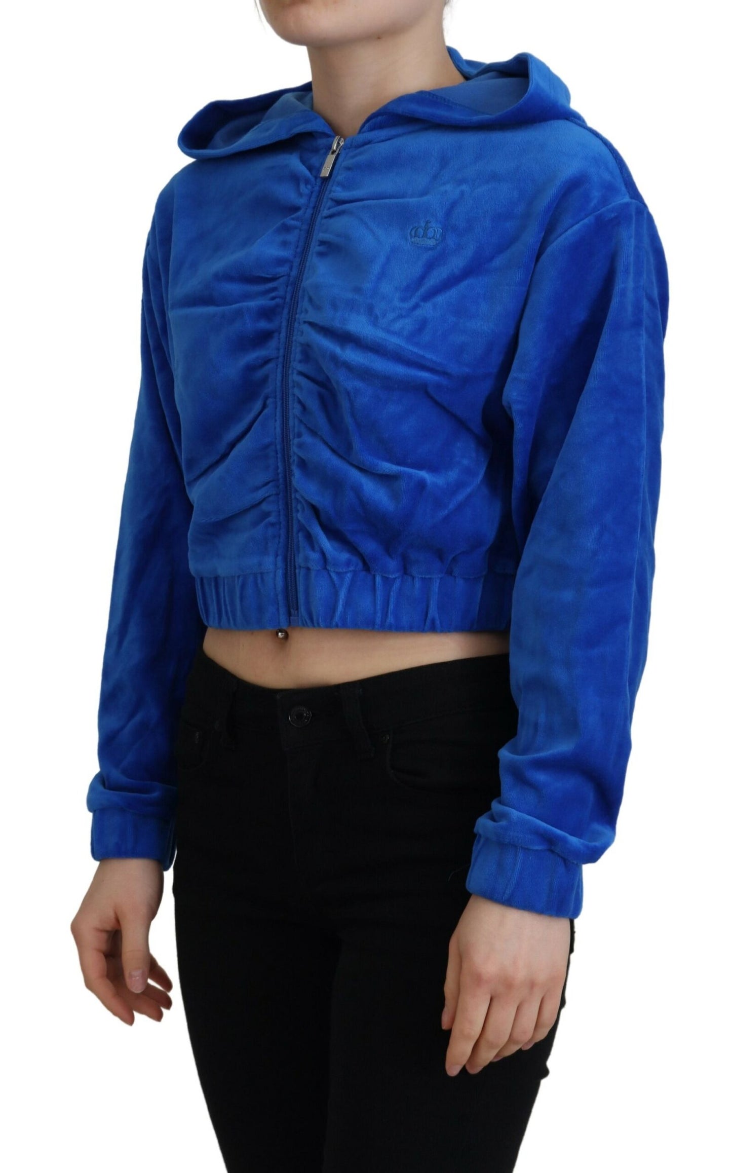 Glam Hooded Zip Cropped Sweater in Blue - GlamHub Luxury and Icon Brand Clothing