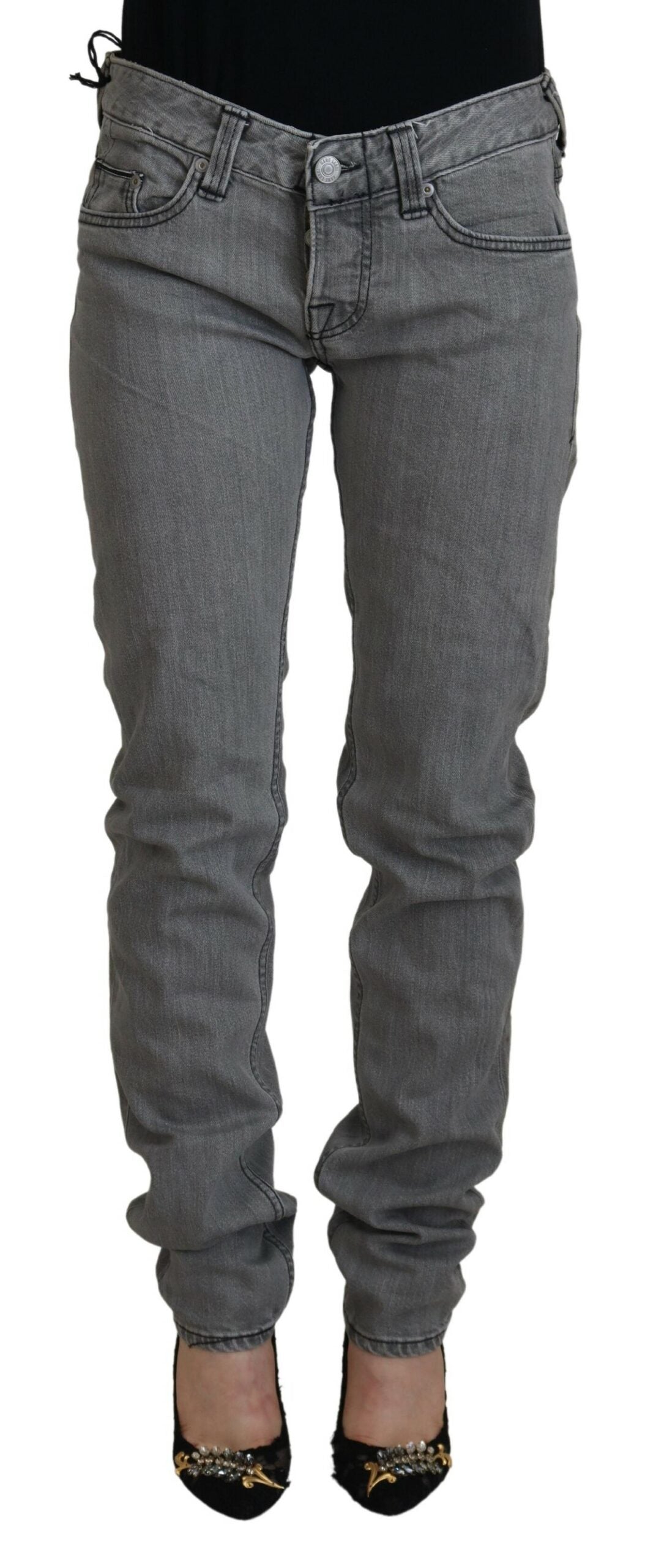 Chic Low Waist Skinny Gray Jeans - GlamHub Luxury and Icon Brand Clothing