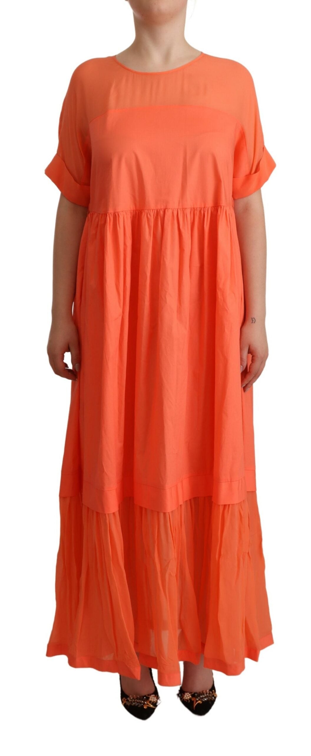 Elegant Coral Maxi Dress with Short Sleeves - GlamHub Luxury and Icon Brand Clothing