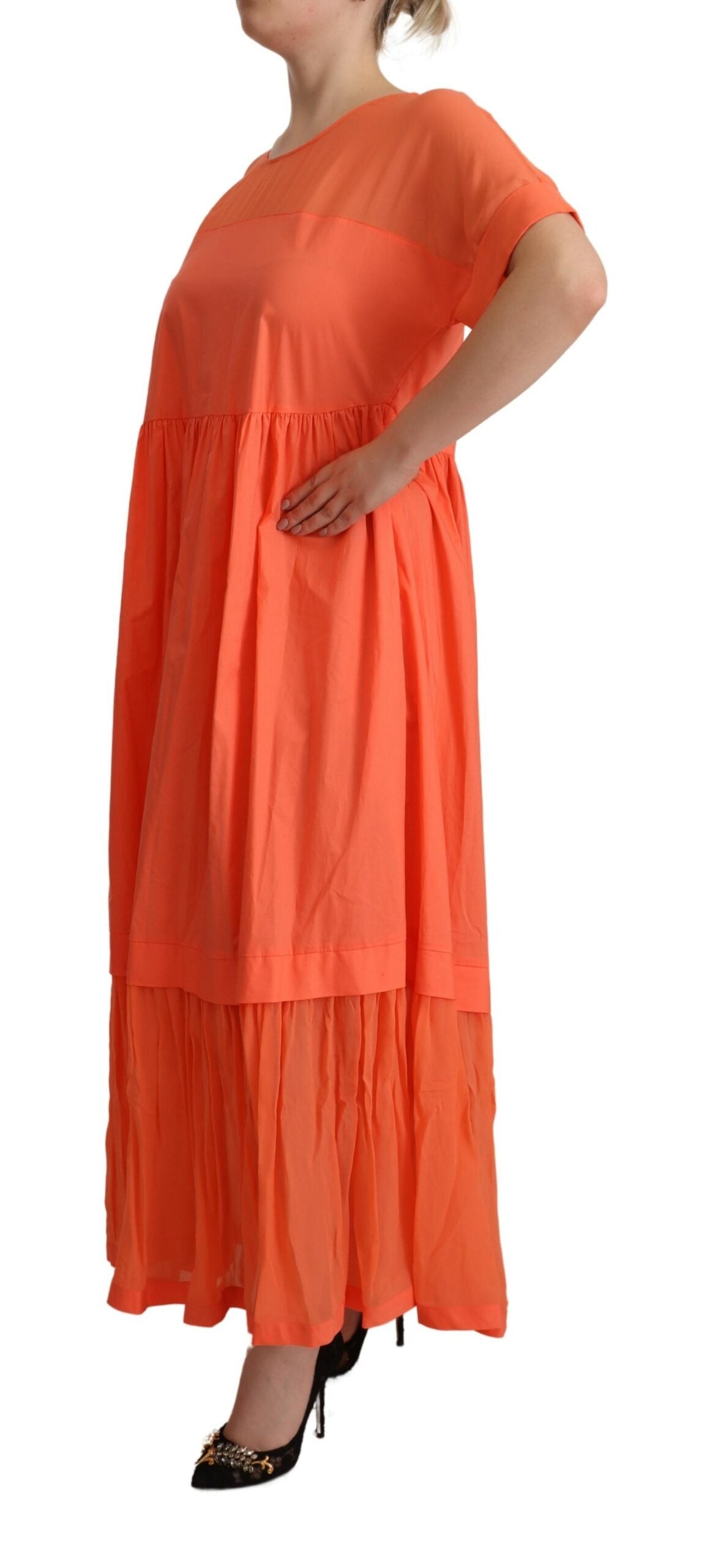 Elegant Coral Maxi Dress with Short Sleeves - GlamHub Luxury and Icon Brand Clothing