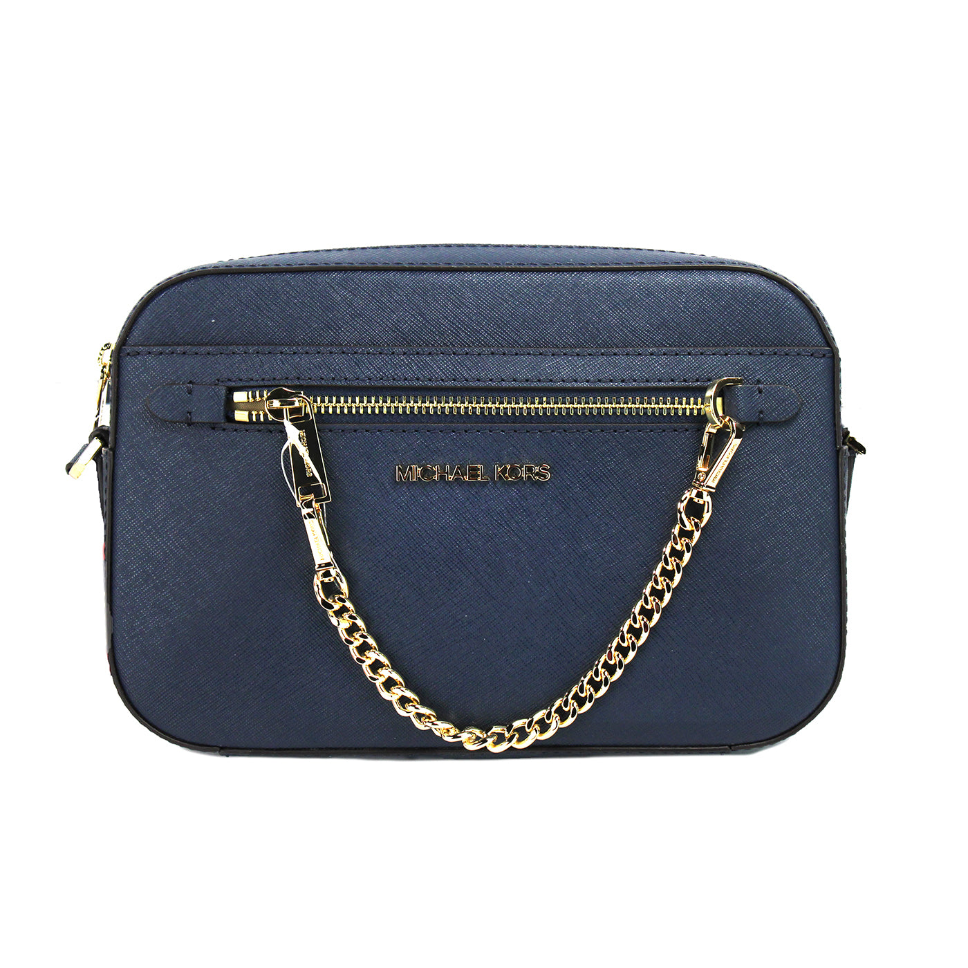 Jet Set Large East West Navy Leather Zip Chain Crossbody Bag Purse - GLAMHUB BOUTIQUE 