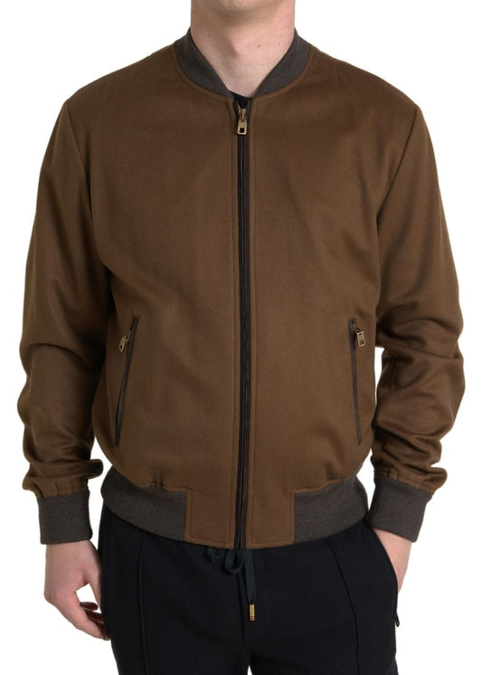 Elegant Brown Cashmere Bomber Jacket