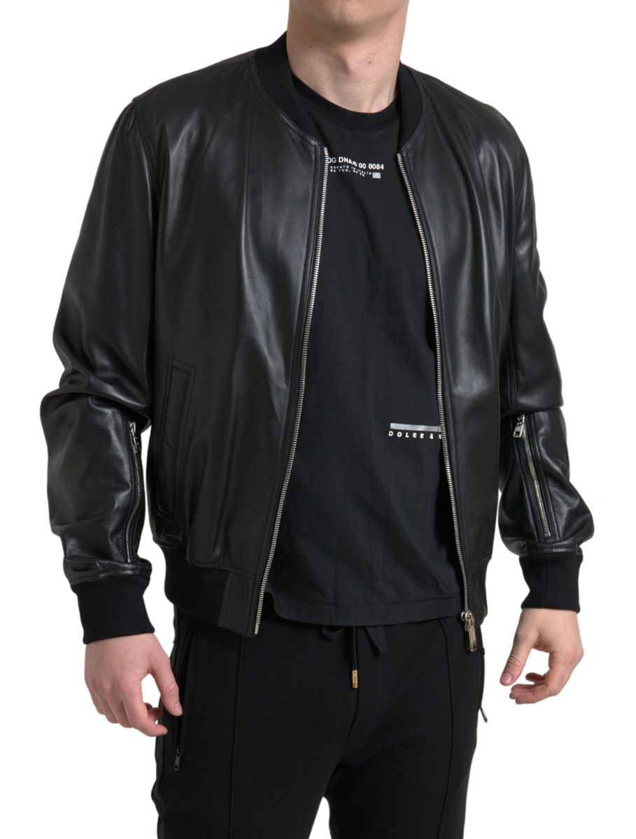 Elegant Black Leather Bomber Jacket