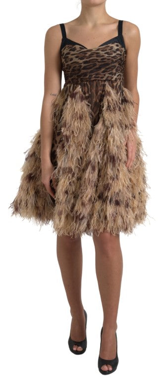 Sleeveless Leopard Chiffon Ostrich-Feather Dress