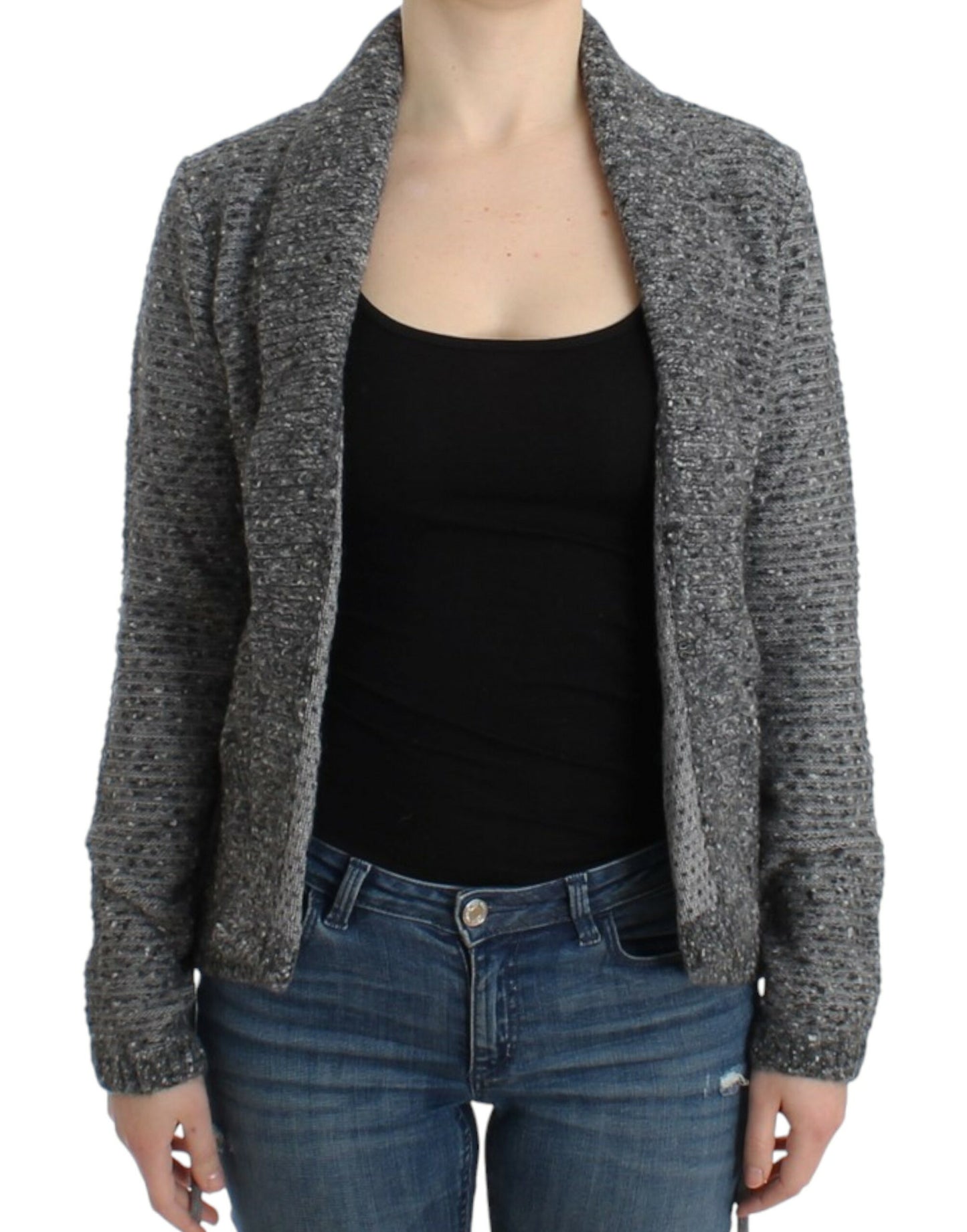 Elegant Gray Wool Blend Cardigan - GLAMHUB BOUTIQUE 