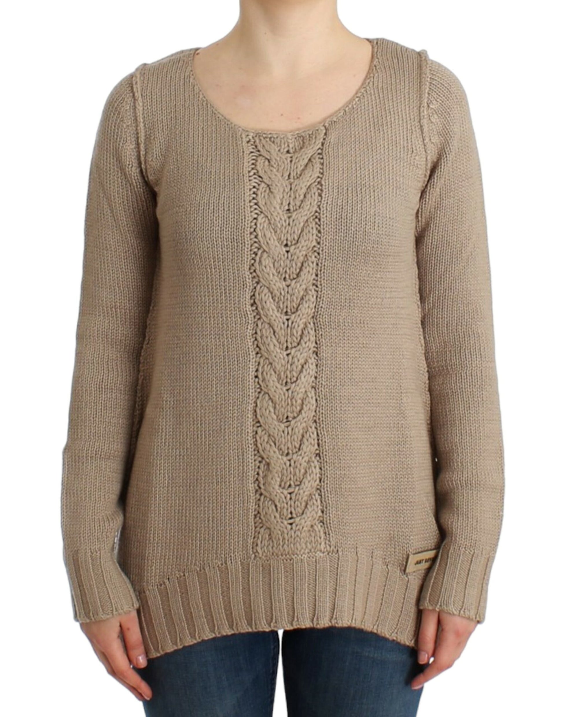 Elegant Beige Knitted Crew Neck Sweater - GLAMHUB BOUTIQUE 