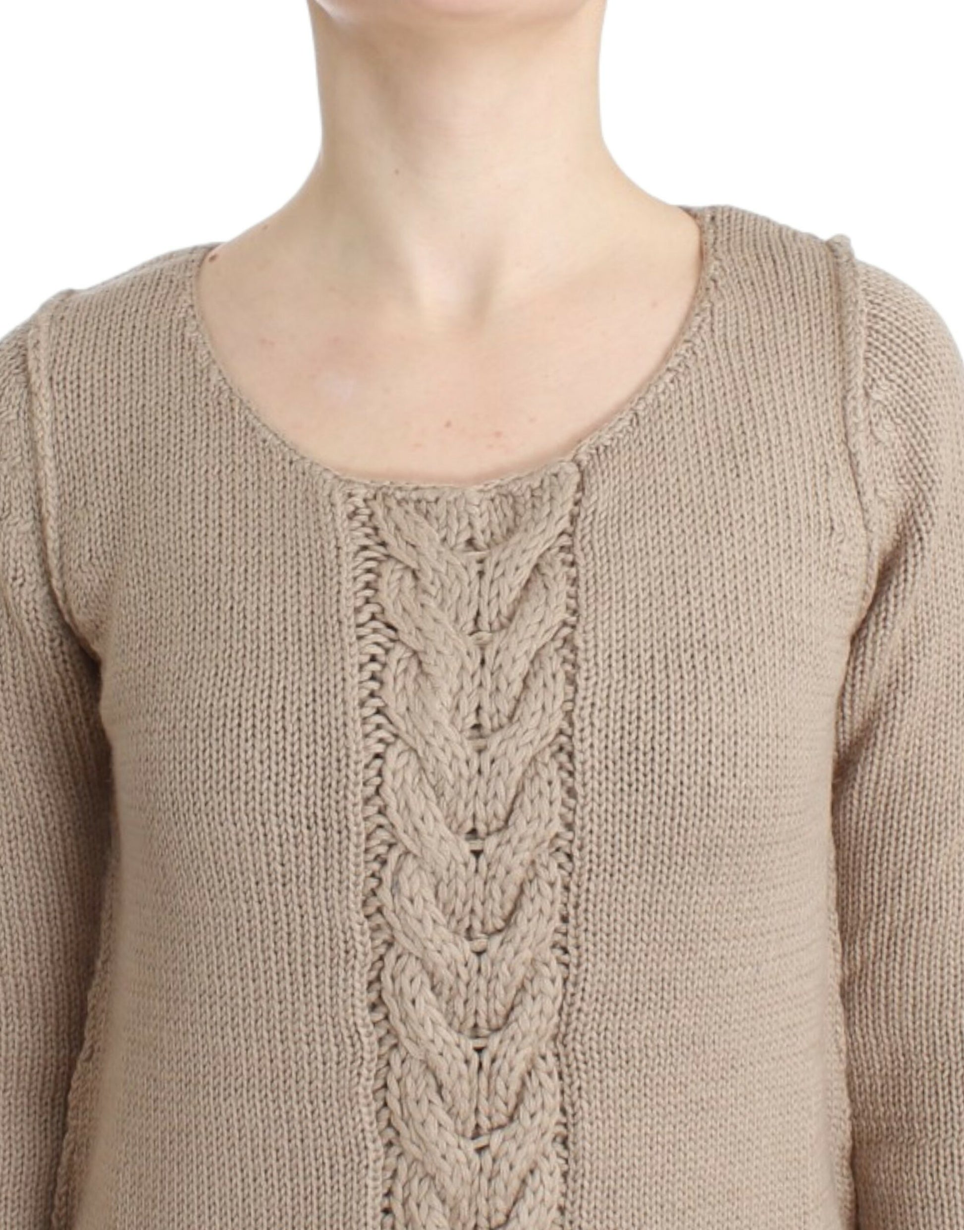 Elegant Beige Knitted Crew Neck Sweater - GLAMHUB BOUTIQUE 