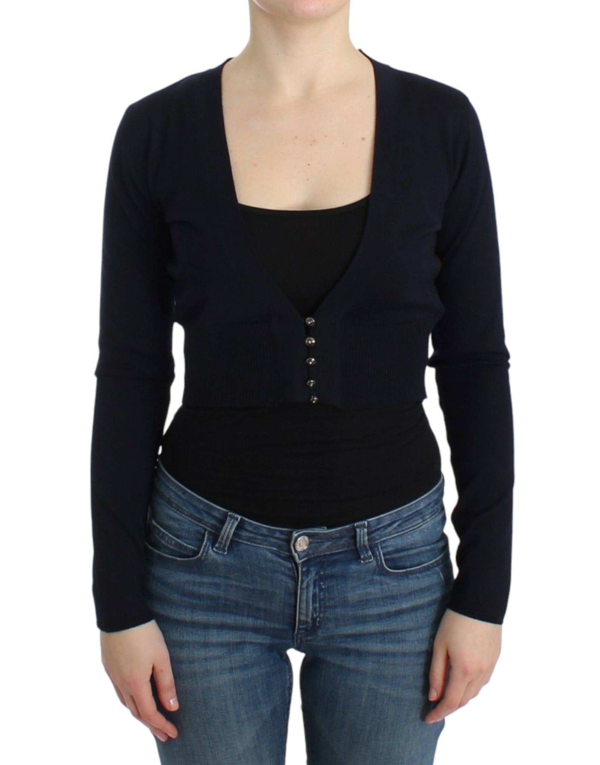 Elegant Black Cropped Virgin Wool Cardigan - GLAMHUB BOUTIQUE 