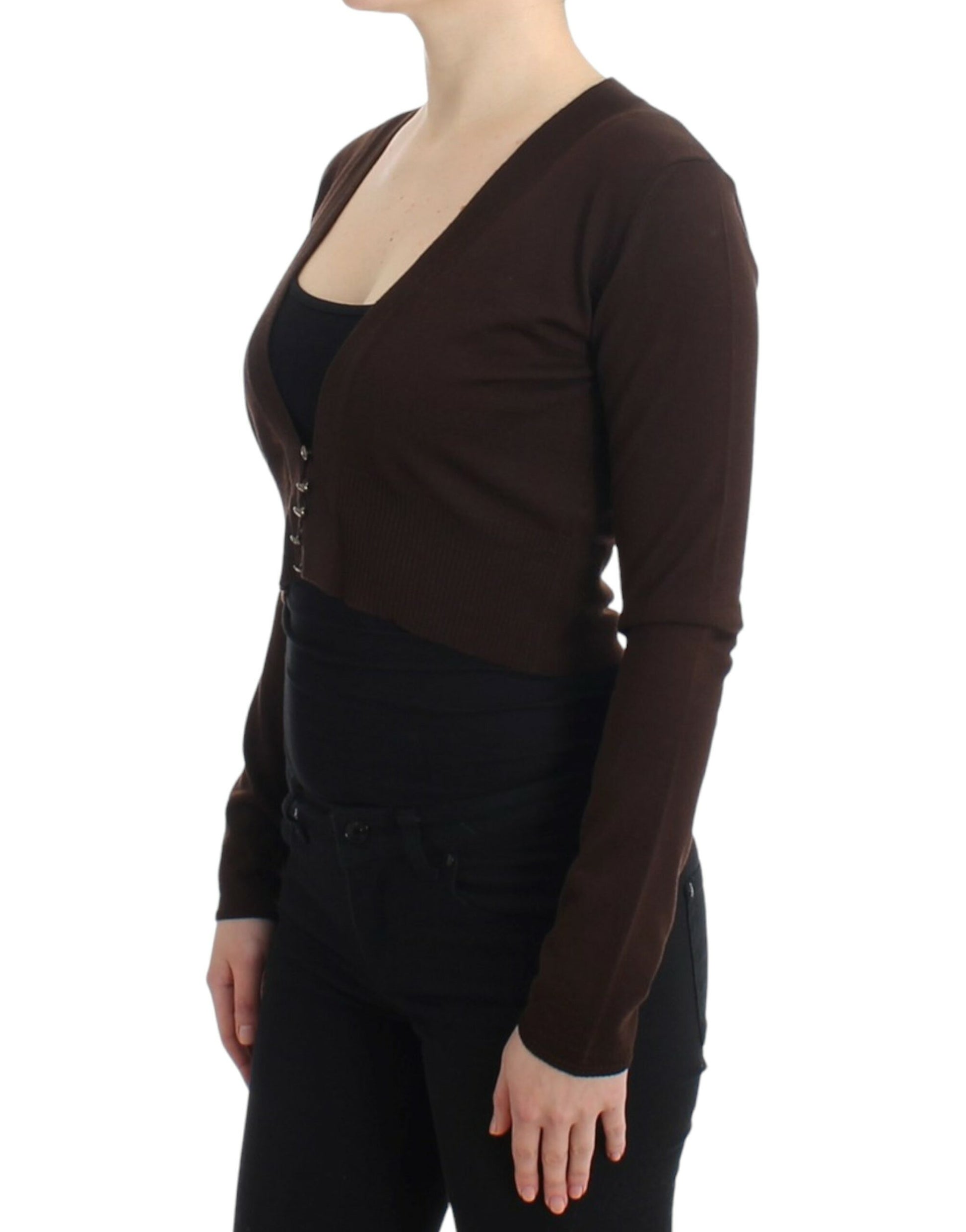 Elegant Brown Virgin Wool Cropped Cardigan - GLAMHUB BOUTIQUE 