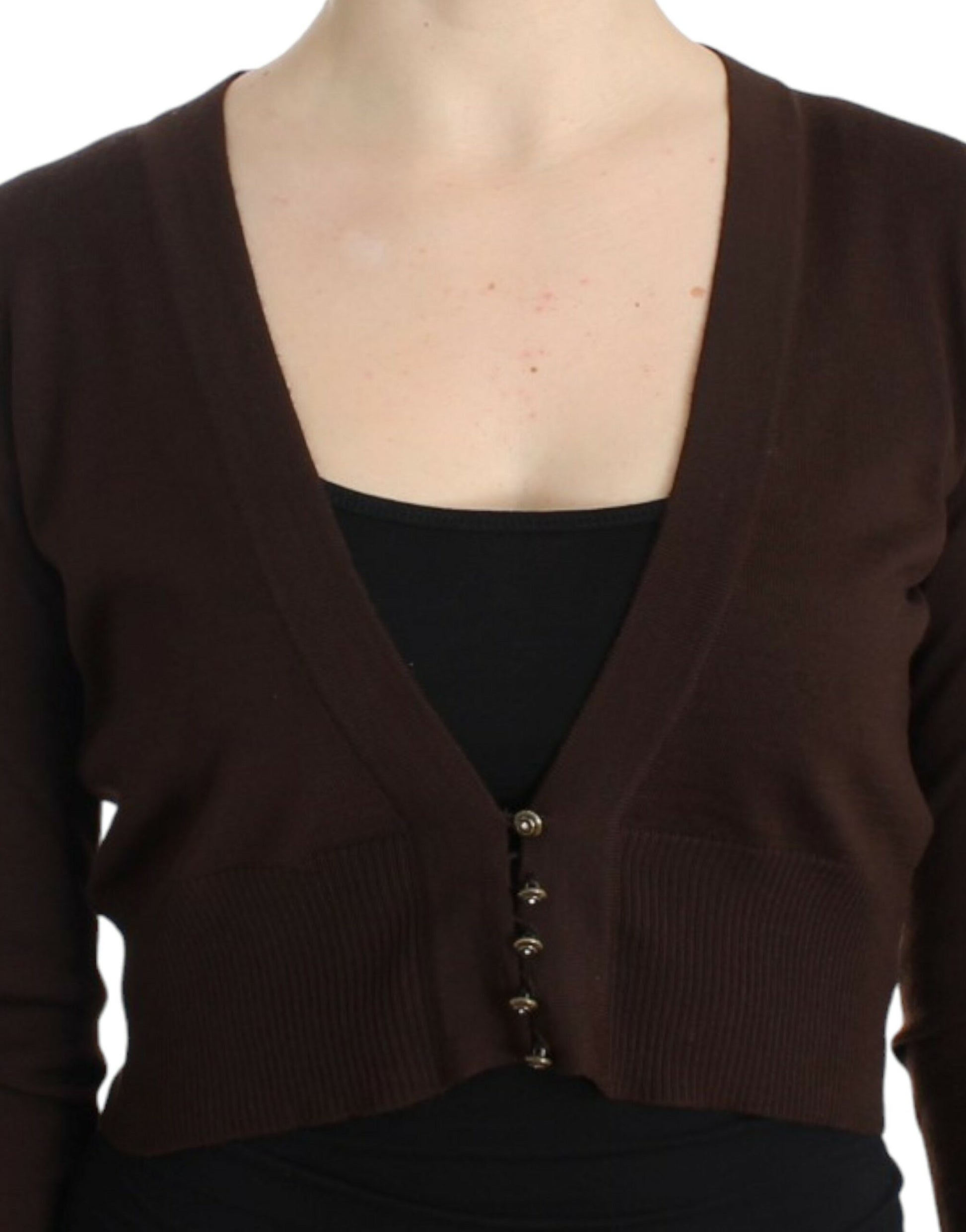 Elegant Brown Virgin Wool Cropped Cardigan - GLAMHUB BOUTIQUE 