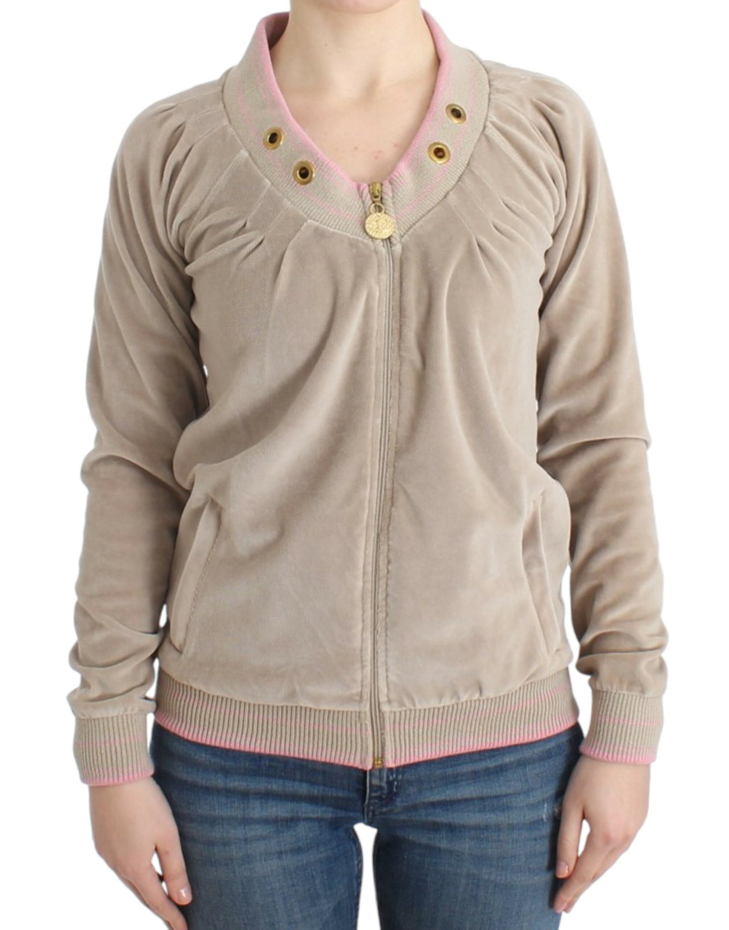 Beige Zip Cardigan with Gold Tone Accents - GLAMHUB BOUTIQUE 