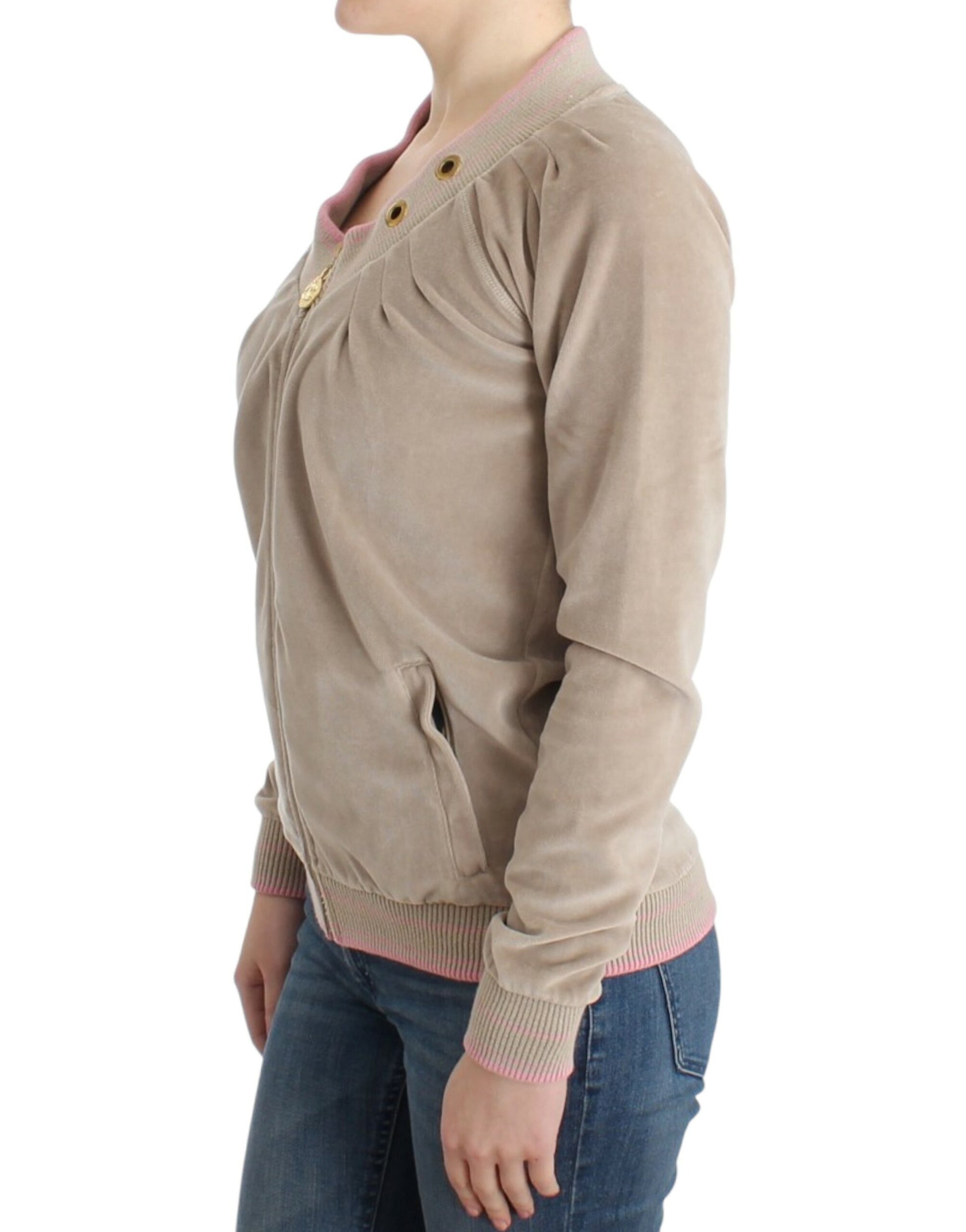 Beige Zip Cardigan with Gold Tone Accents - GLAMHUB BOUTIQUE 