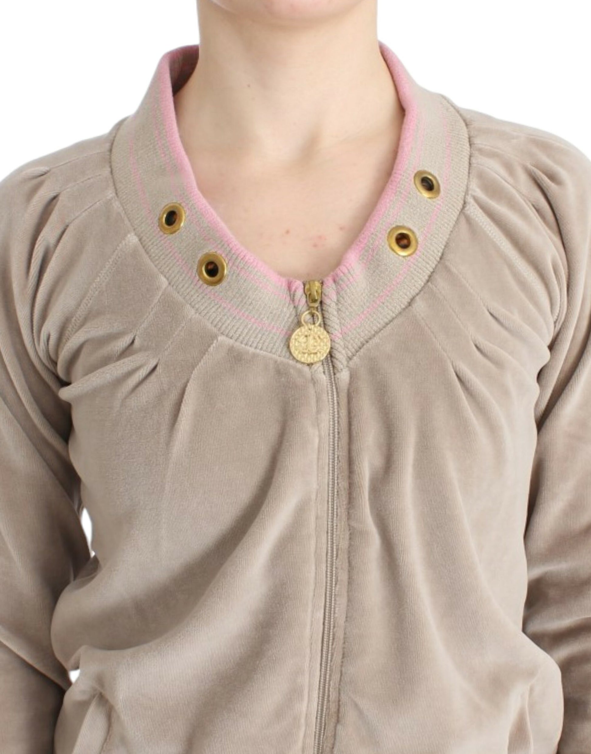 Beige Zip Cardigan with Gold Tone Accents - GLAMHUB BOUTIQUE 