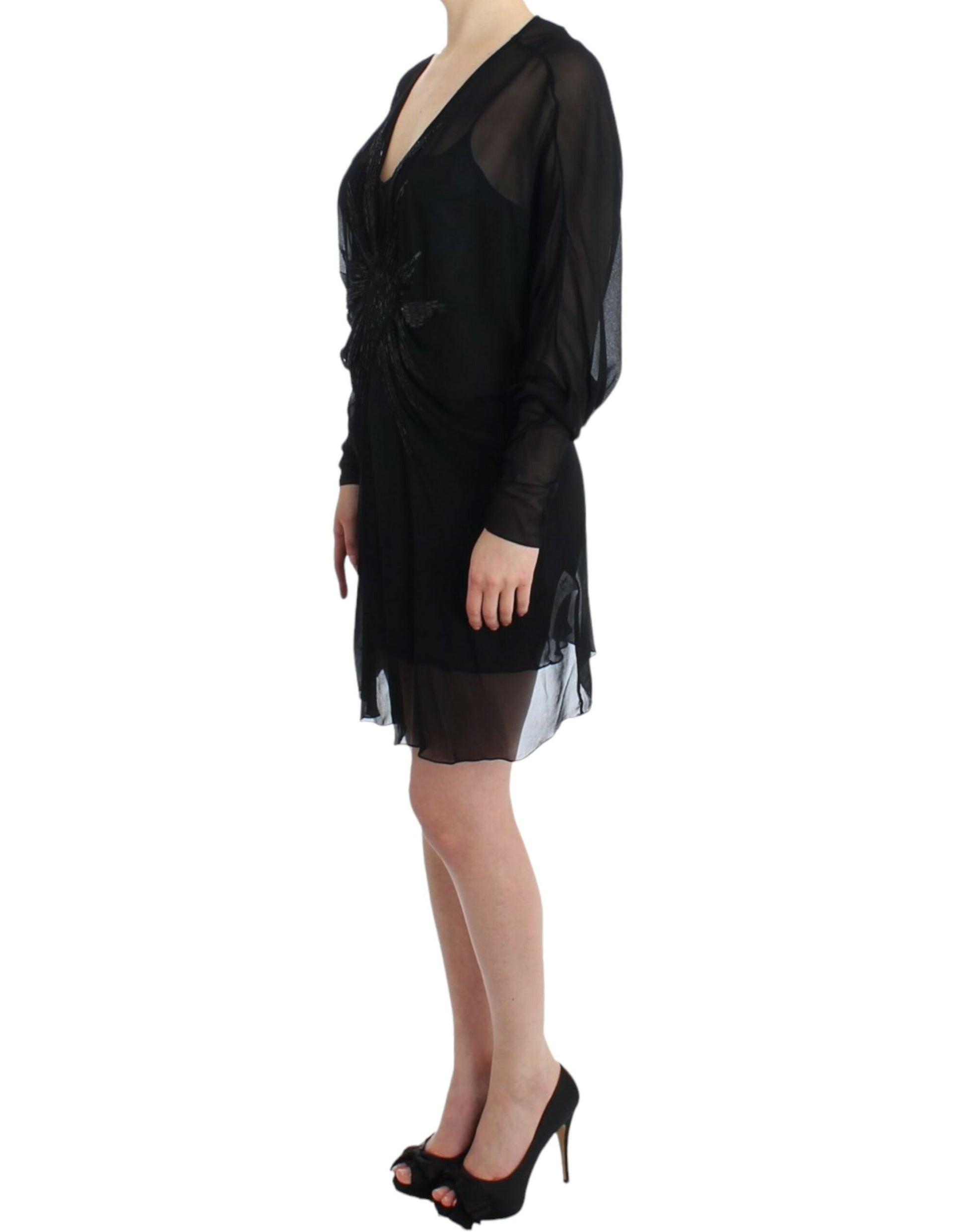 Elegant Sheer Black Silk Blouson Dress - GLAMHUB BOUTIQUE 