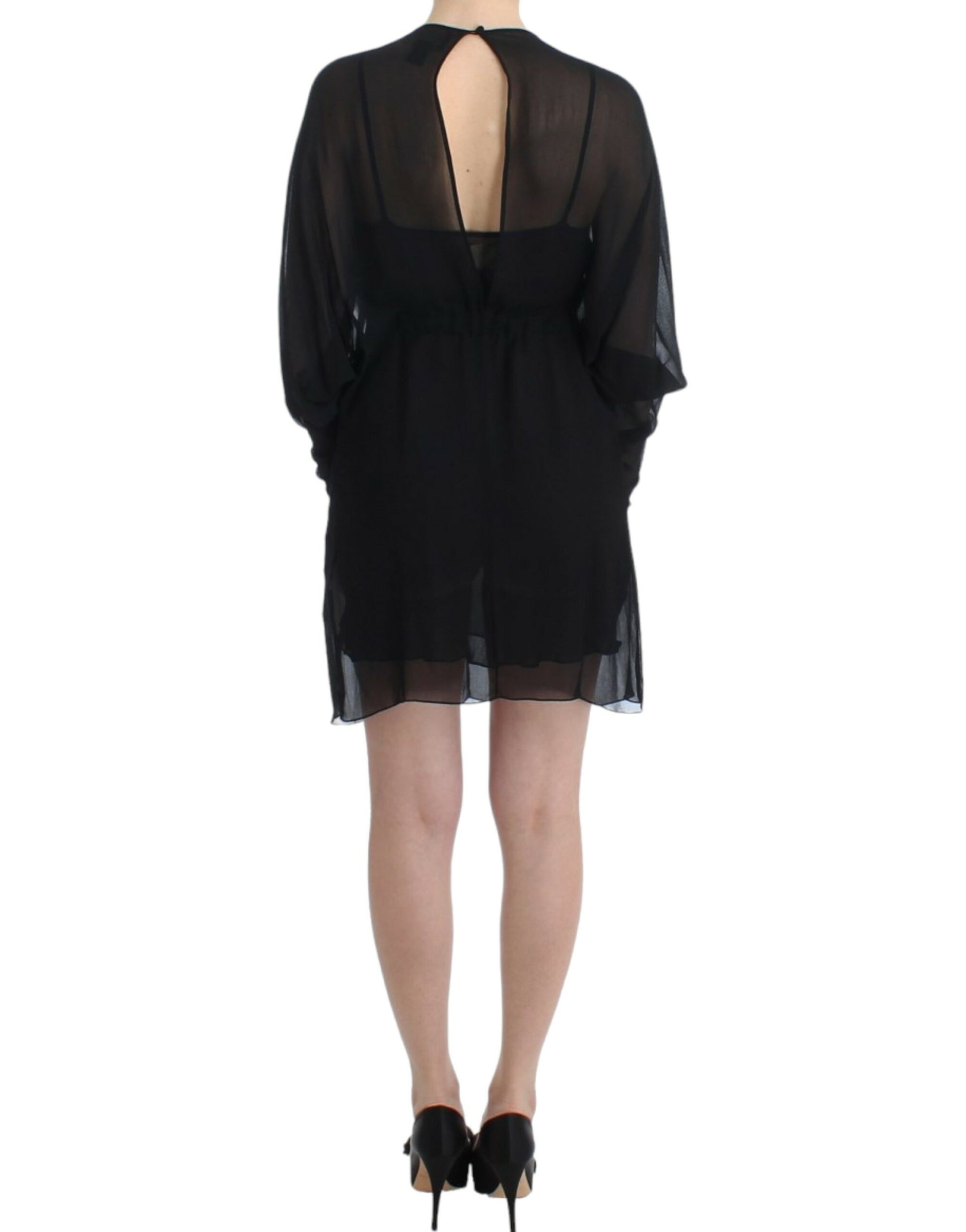 Elegant Sheer Black Silk Blouson Dress - GLAMHUB BOUTIQUE 