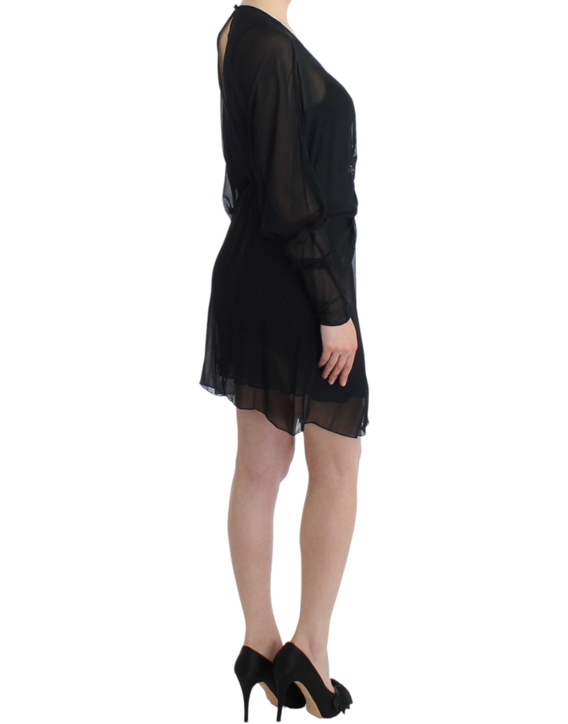 Elegant Sheer Black Silk Blouson Dress - GLAMHUB BOUTIQUE 