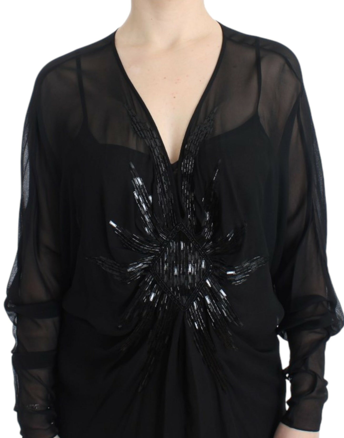 Elegant Sheer Black Silk Blouson Dress - GLAMHUB BOUTIQUE 