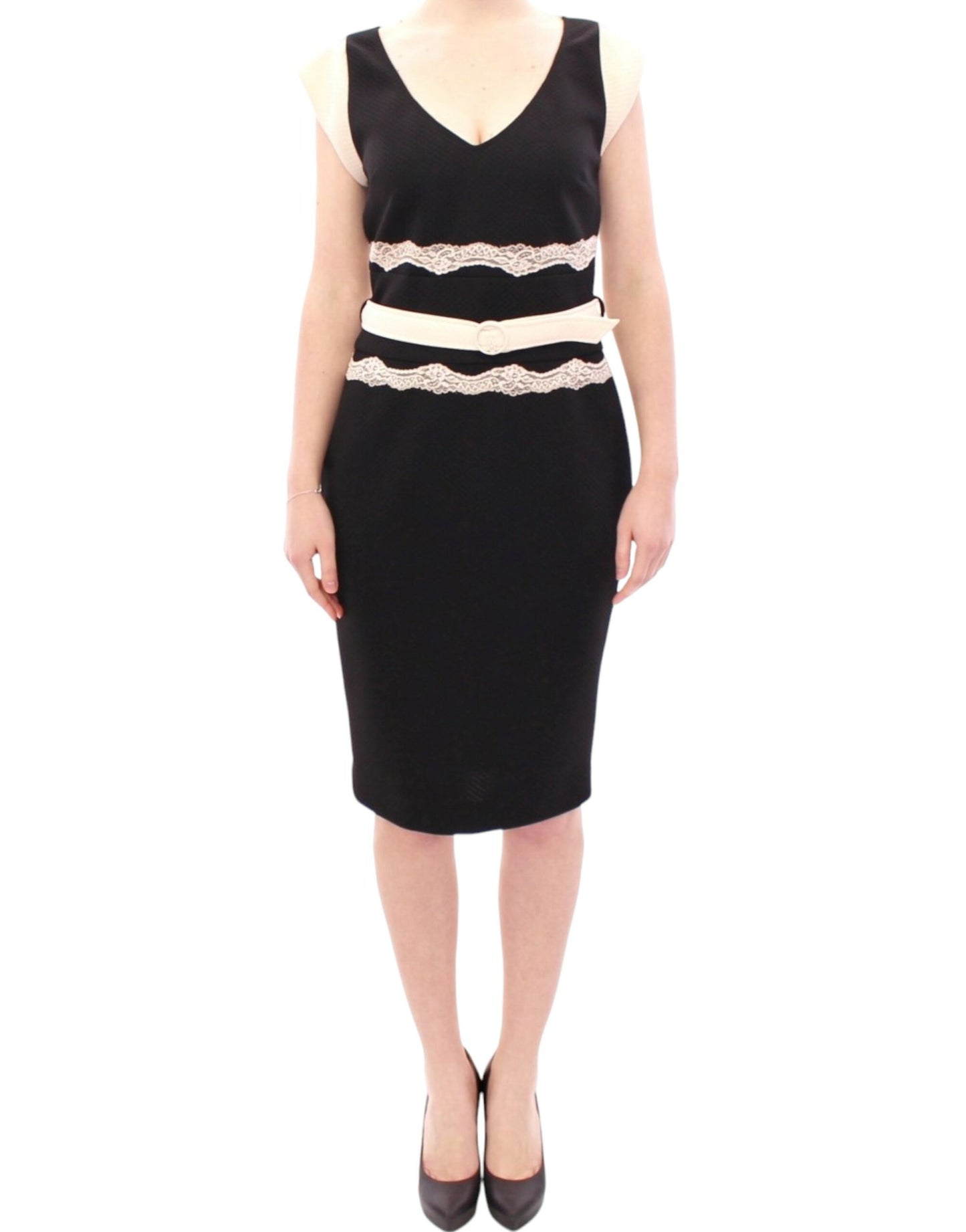 Elegant Sheath Lace Dress in Black and Beige - GLAMHUB BOUTIQUE 