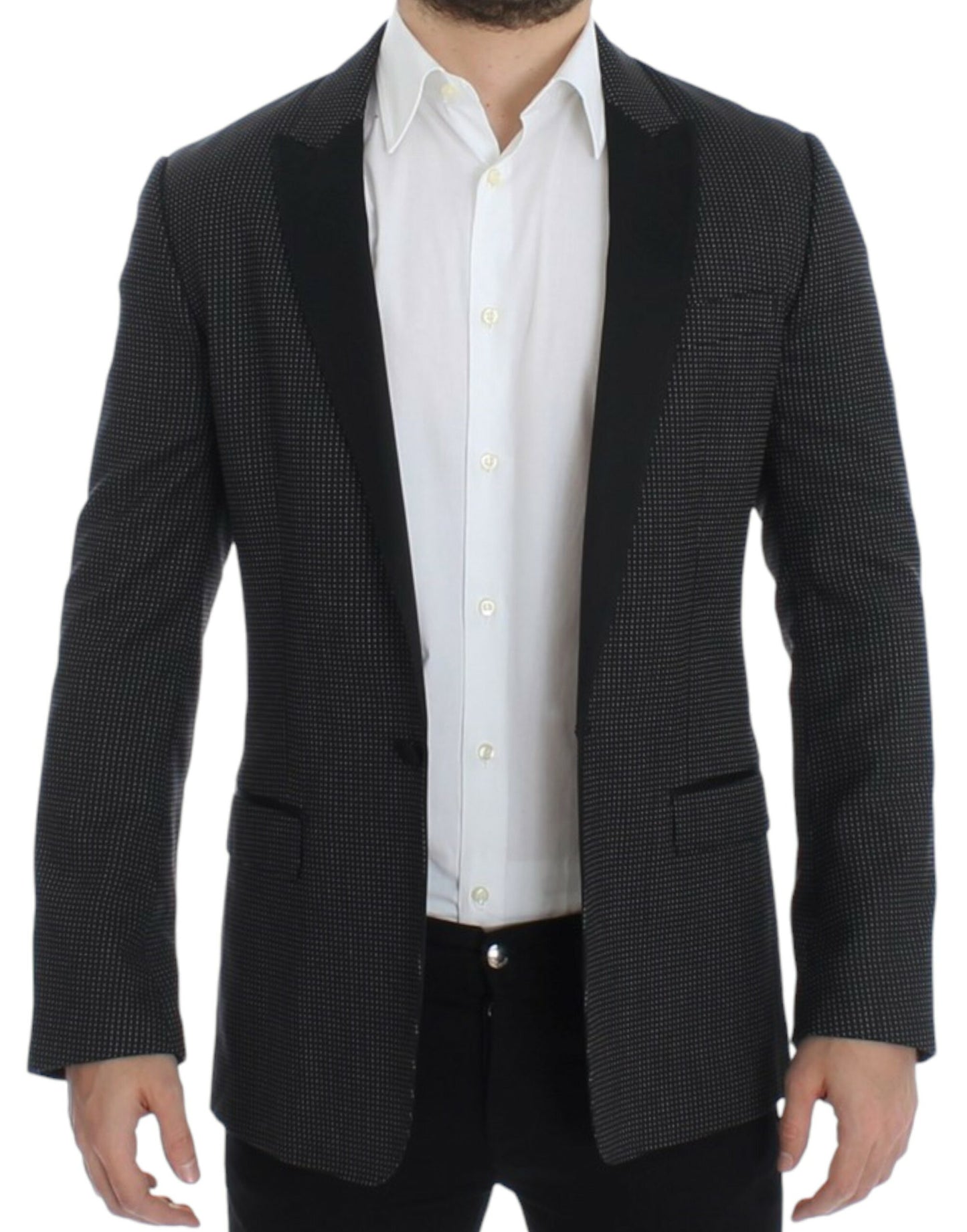 Elegant Black Polka Dotted Slim Fit Blazer - GlamHub Luxury and Icon Brand Clothing