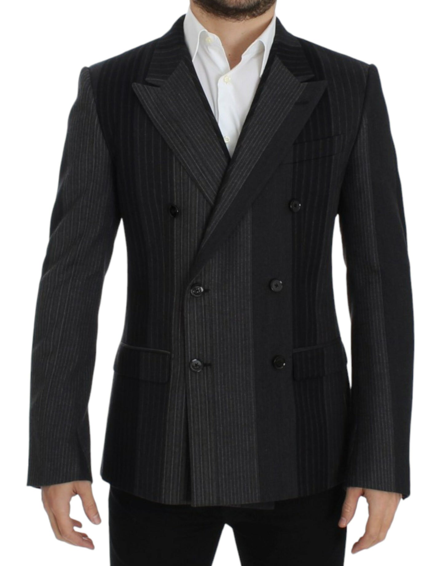 Elegant Gray Striped Wool Slim Blazer - GlamHub Luxury and Icon Brand Clothing