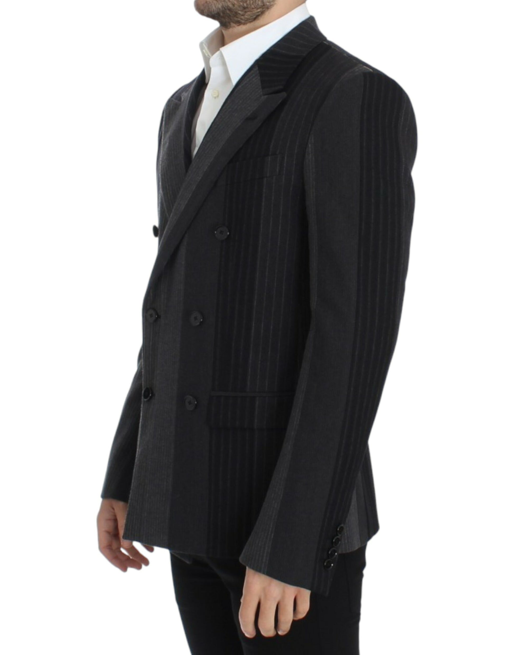 Elegant Gray Striped Wool Slim Blazer - GlamHub Luxury and Icon Brand Clothing