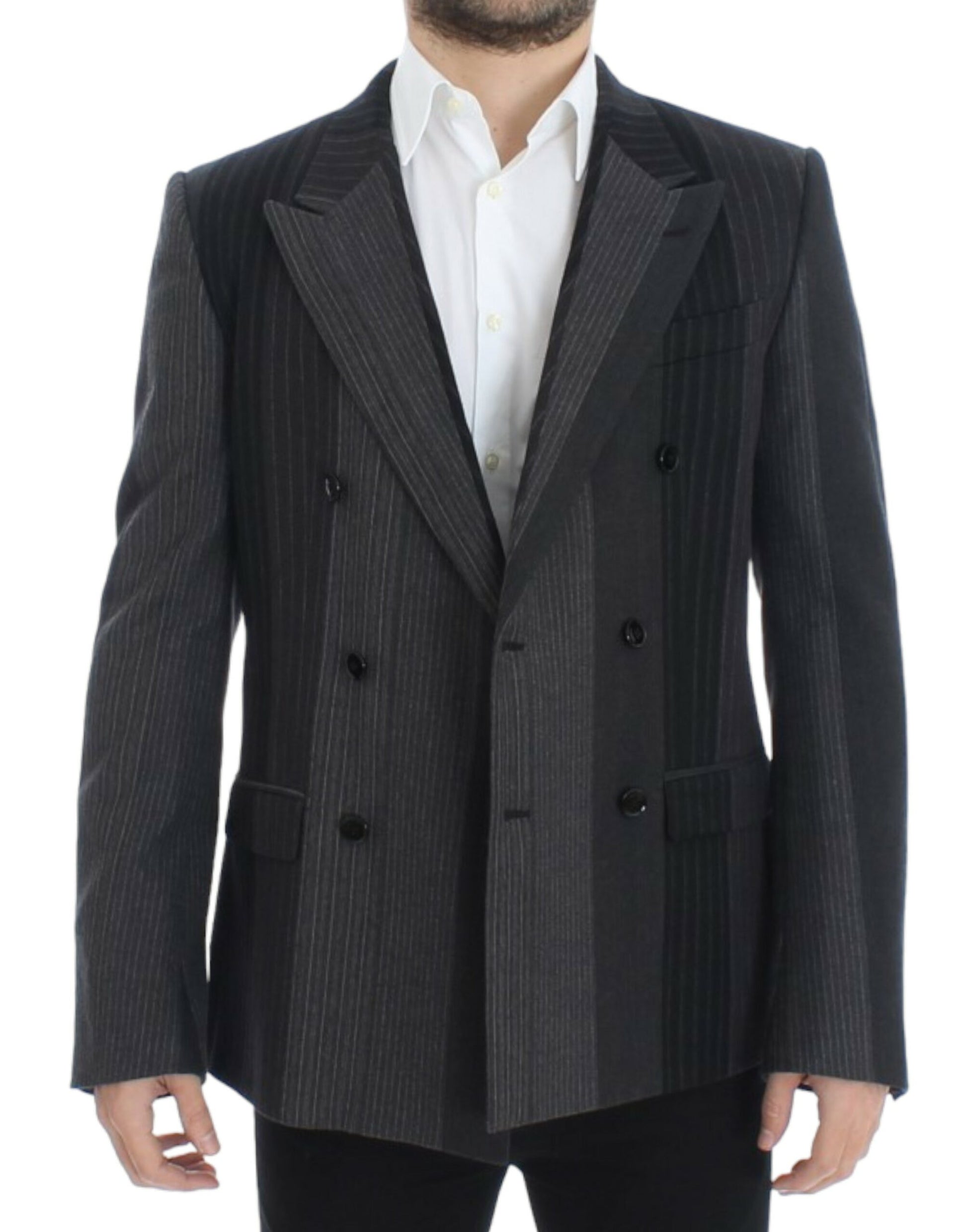 Elegant Gray Striped Wool Slim Blazer - GlamHub Luxury and Icon Brand Clothing