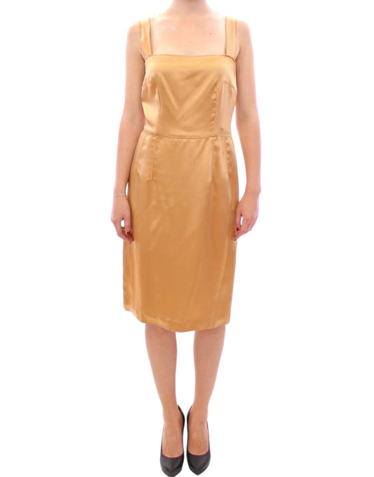 Elegant Bronze Silk Knee-Length Sheath Dress - GlamHub Luxury and Icon Brand Clothing