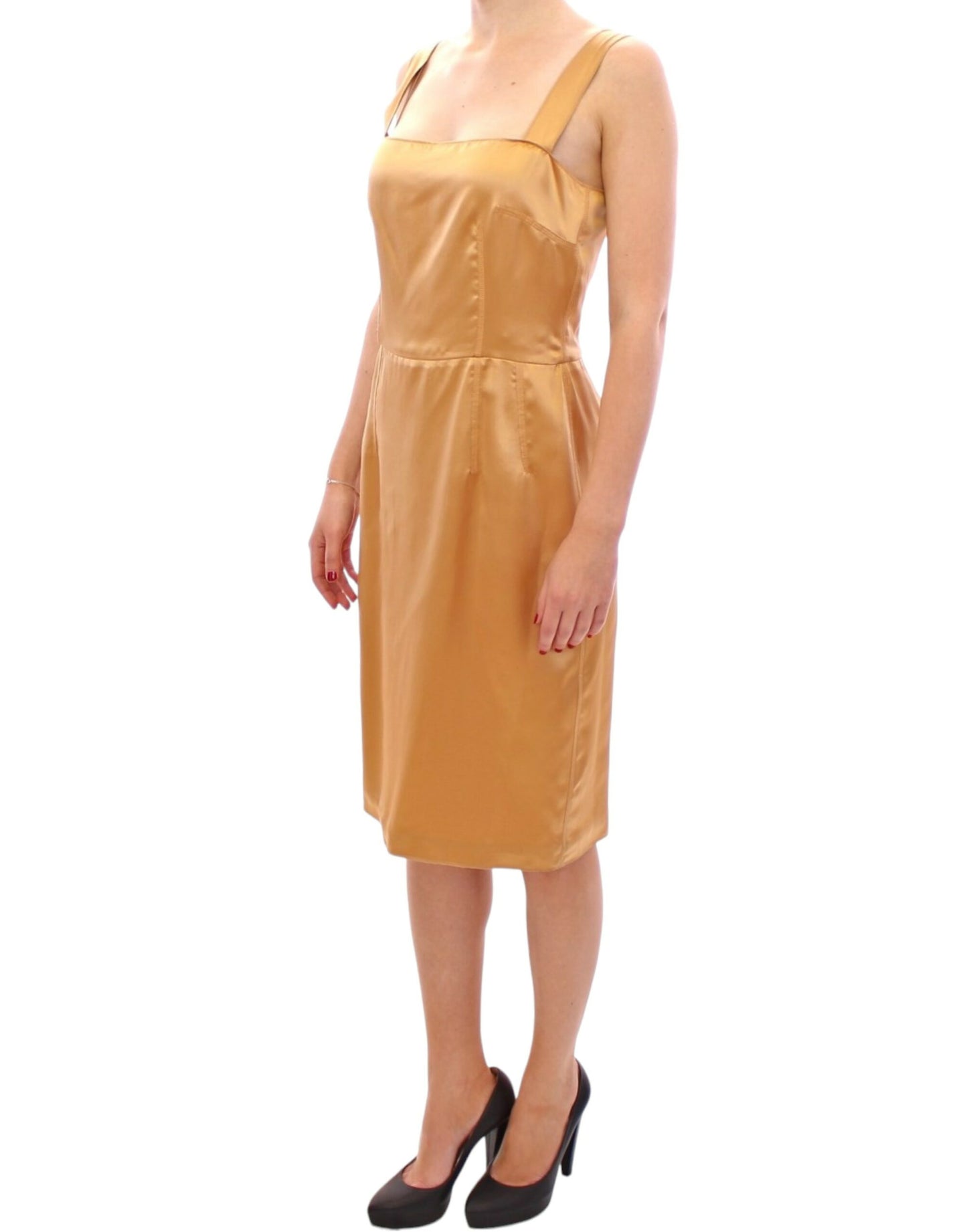 Elegant Bronze Silk Knee-Length Sheath Dress - GlamHub Luxury and Icon Brand Clothing