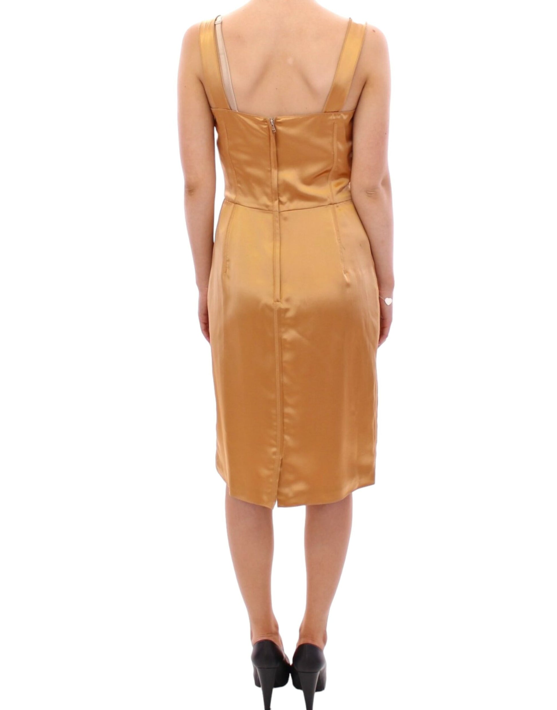 Elegant Bronze Silk Knee-Length Sheath Dress - GlamHub Luxury and Icon Brand Clothing